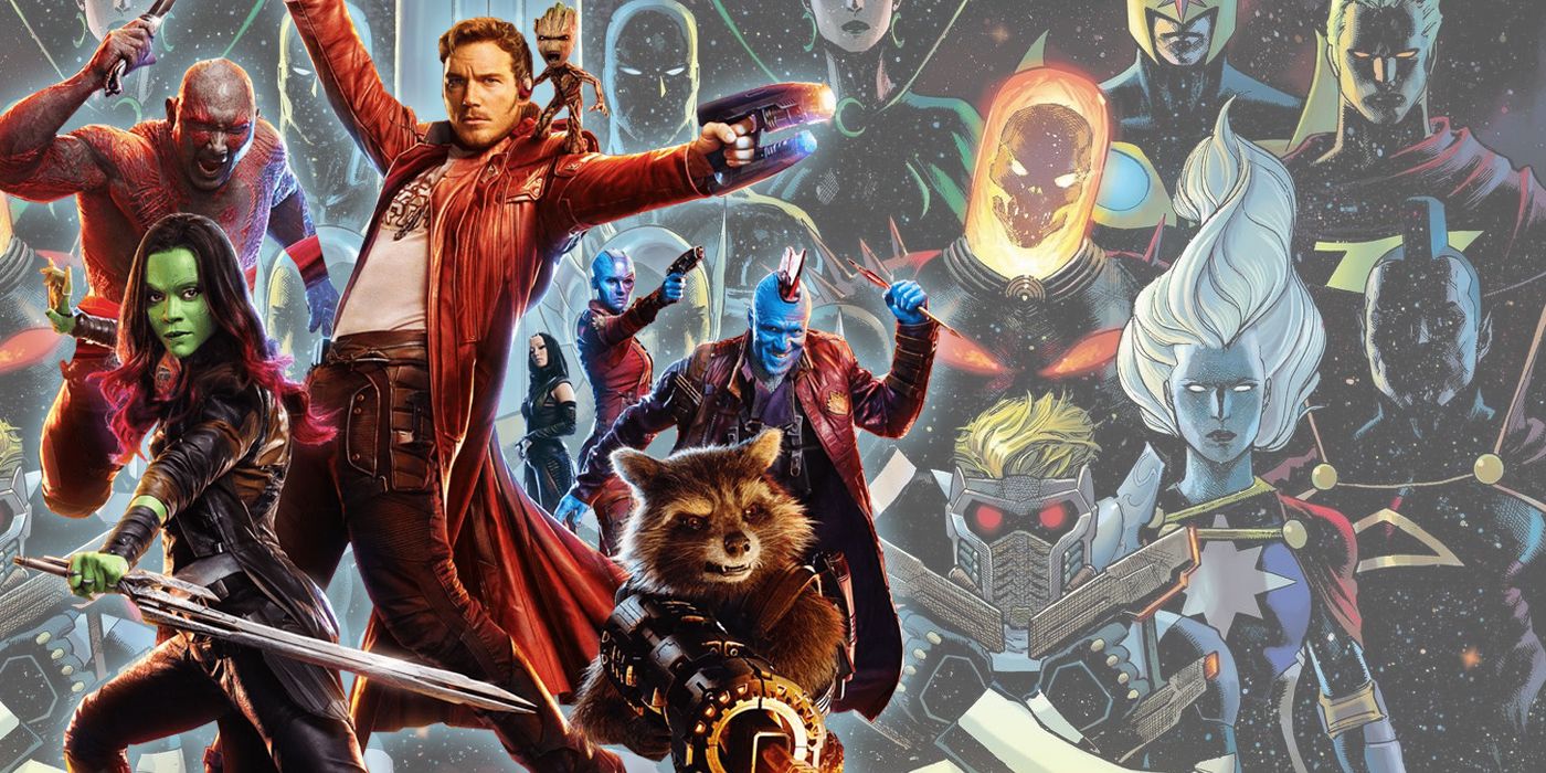 MCU's Guardians of the Galaxy with the comic team in the background