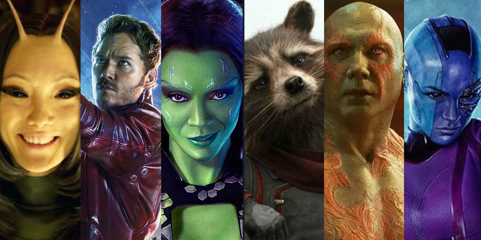 Split Image: Mantis, Star-Lord, Gamora, Rocket, Drax, and Nebula