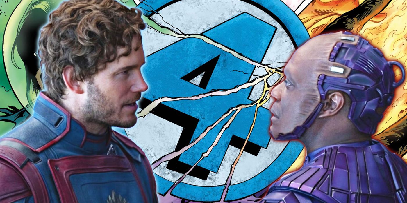 Star-Lord (Chris Pratt) and the High Evolutionary (Chukwudi Iwuji) face off in front of a Fantastic Four logo.