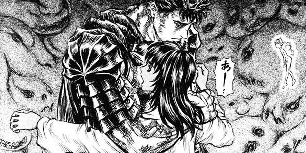 Guts holds Casca atop Albion in Berserk