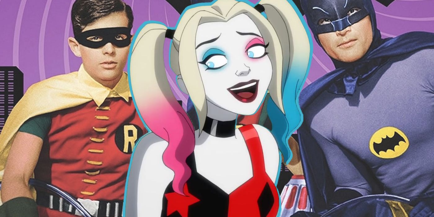 The animated Harley Quinn stands with Batman and Robin from 1966.