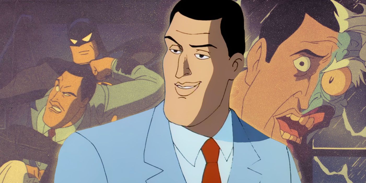 Harvey Dent juxtaposed with images of himself as Two-Face in Batman: The Animated Series