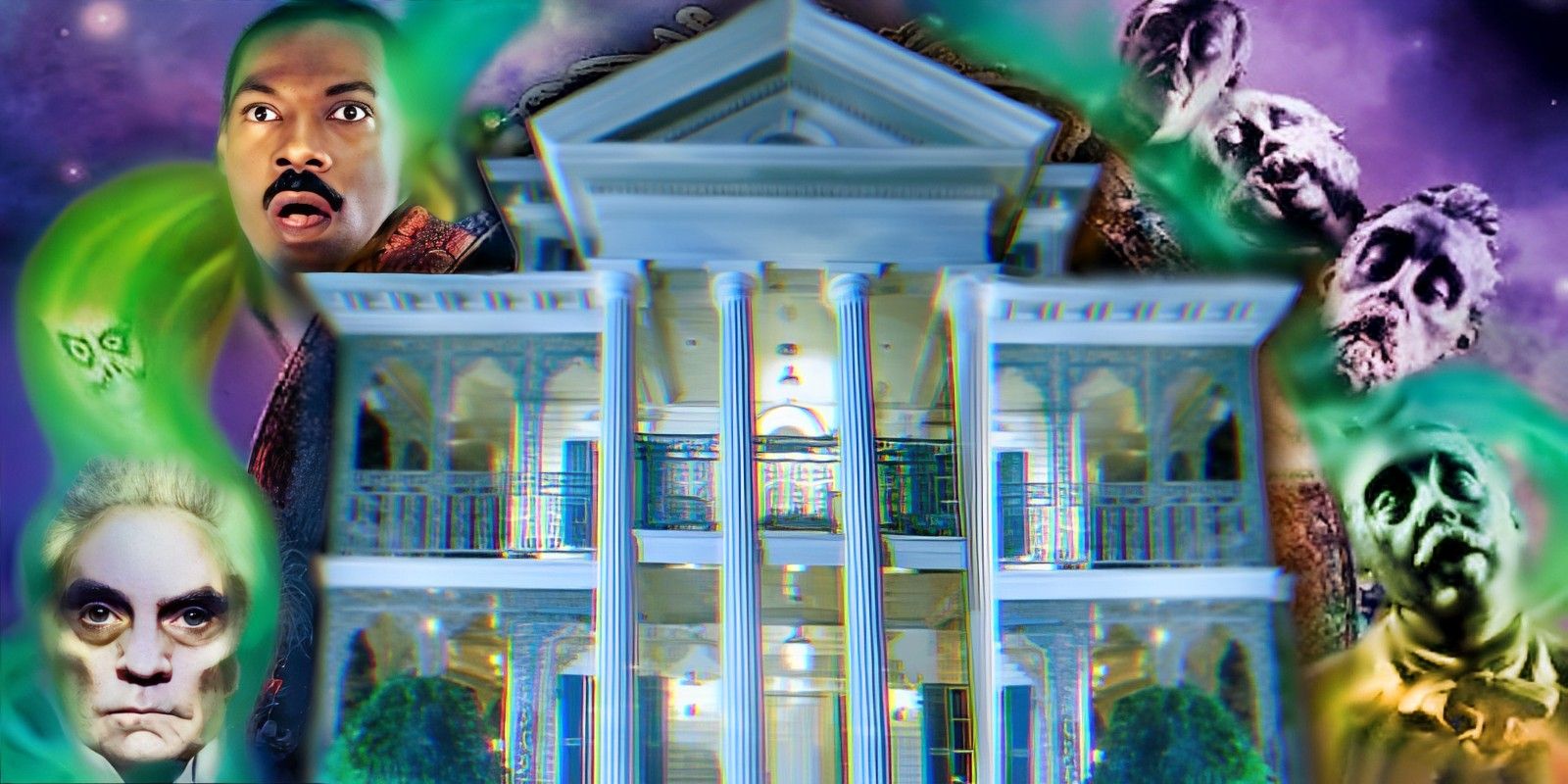 The Disneyland Haunted Mansion in front of the 2003 Haunted Mansion poster.