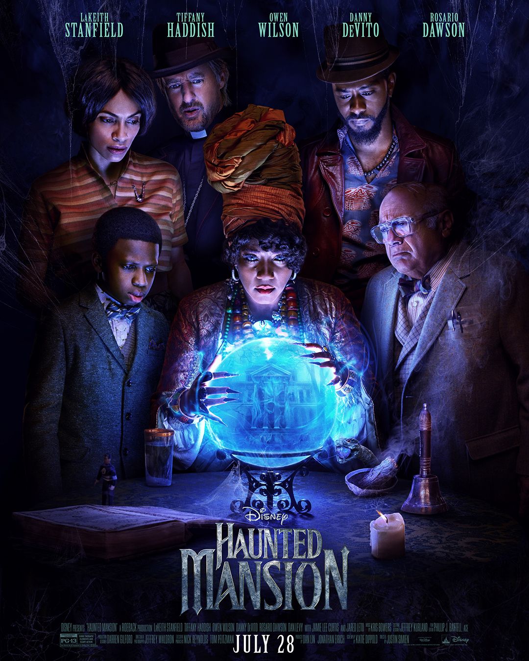 The theatrical poster for Haunted Mansion showing the main cast of characters.