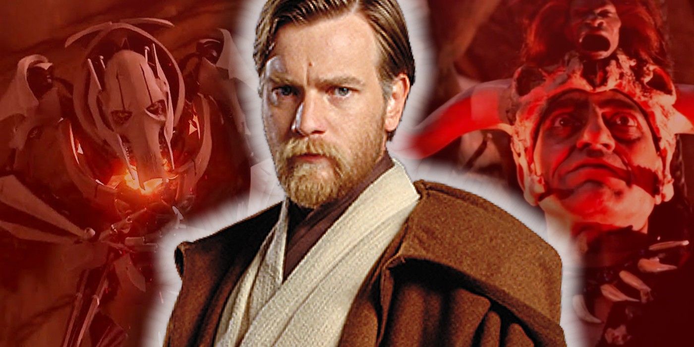 Star Wars' Obi-Wan in front of General Grievous dying and the Priest from Indiana Jones