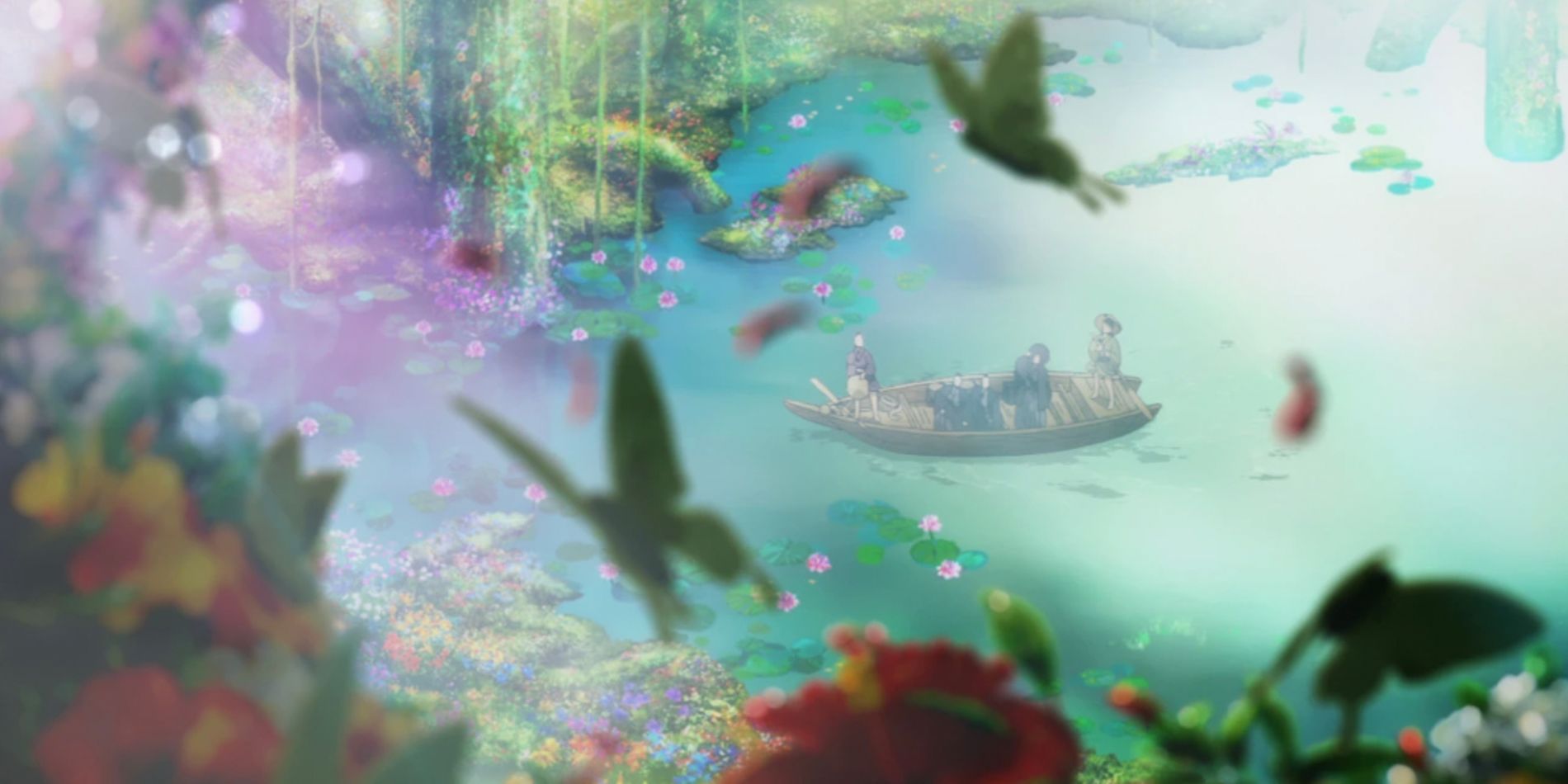 Um barco navega e explora a Ilha Kotaku no Paraíso do Inferno
