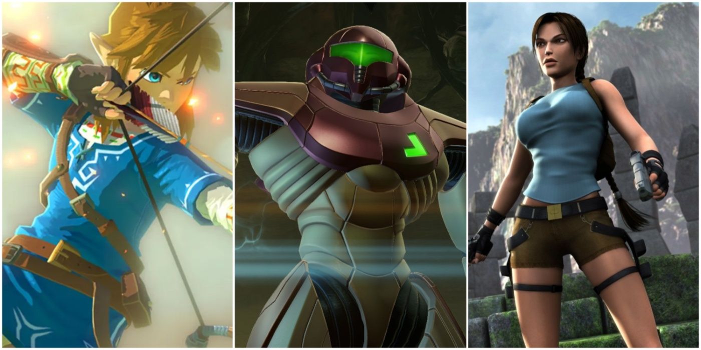 A split image showing Link from The Legend of Zelda, Samus Aran from Metroid, and Lara Croft from Tomb Raider