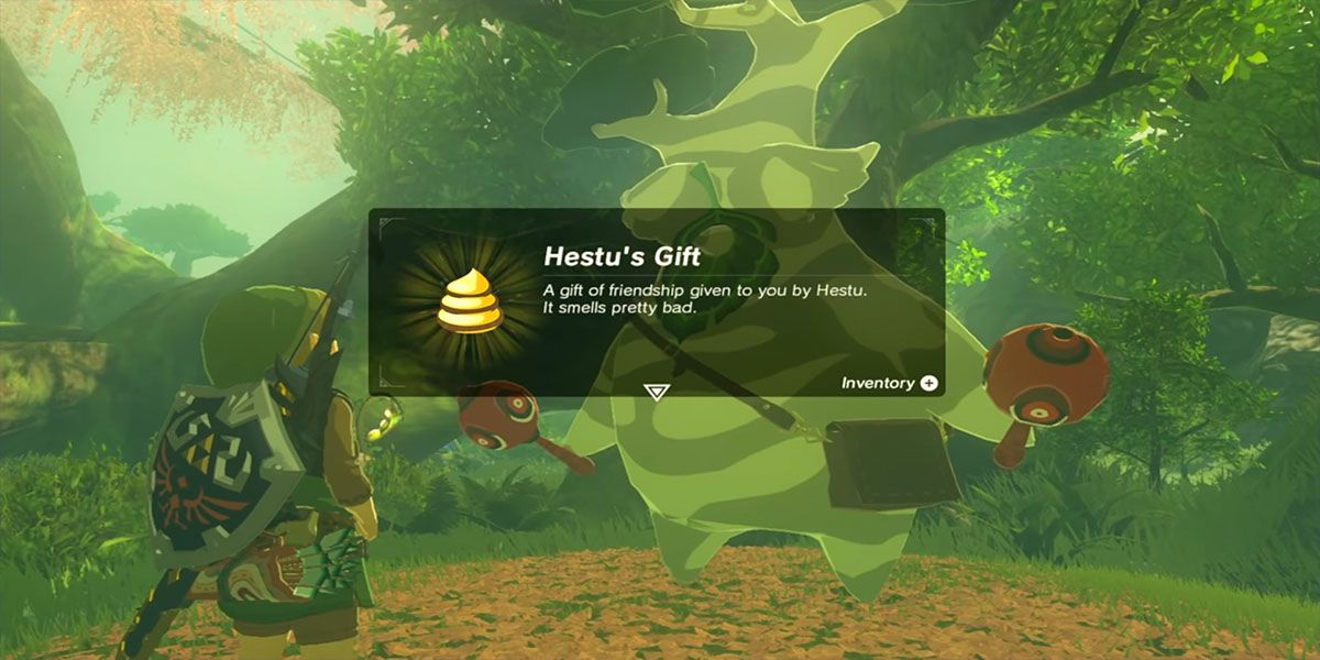 Hestu presenteando Link Hestu's Gift, uma semente Korok gigante