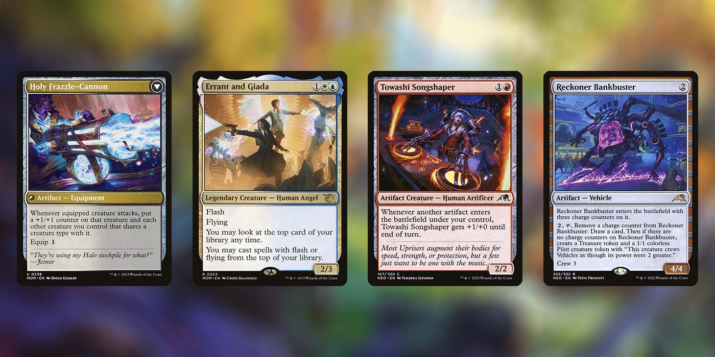 MTG cards Holy Frazzle Cannon, Errant and Giada, Towashi Songshaper and Reckoner Bankbuster