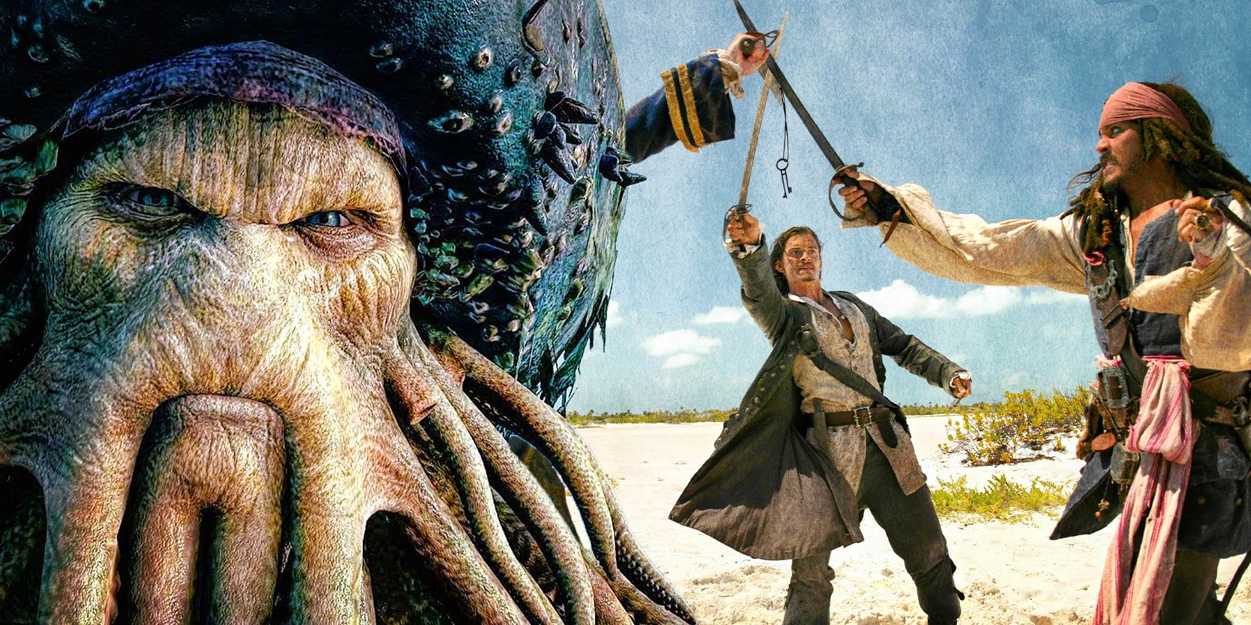 A split image shows Davy Jones and Will turner fighting Jack Sparrow from the Pirates of the Caribbean franchise