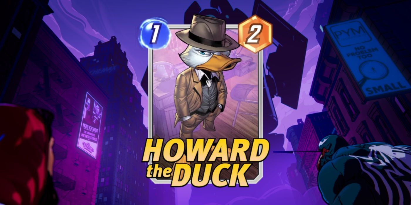 Cartão Marvel Snap de Howard The Duck contra a arte promocional.