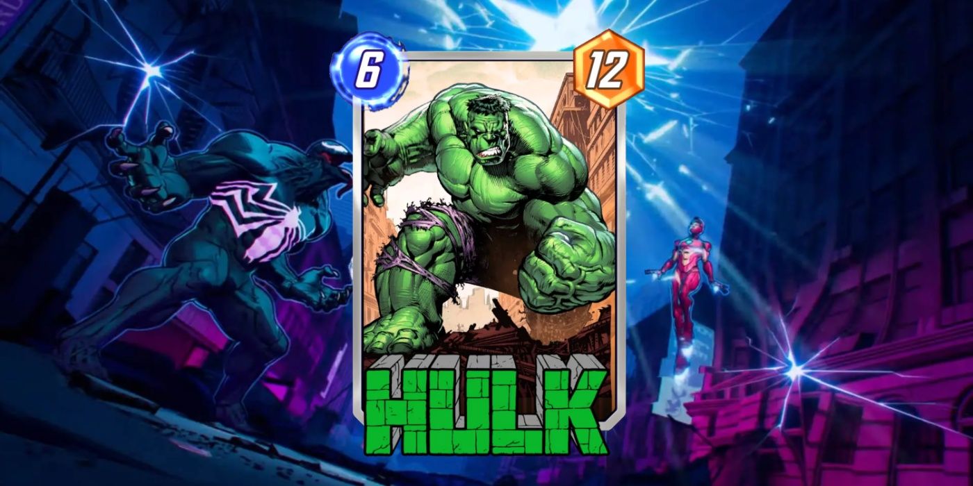 O cartão Marvel Snap do Hulk contra o fundo da arte promocional.