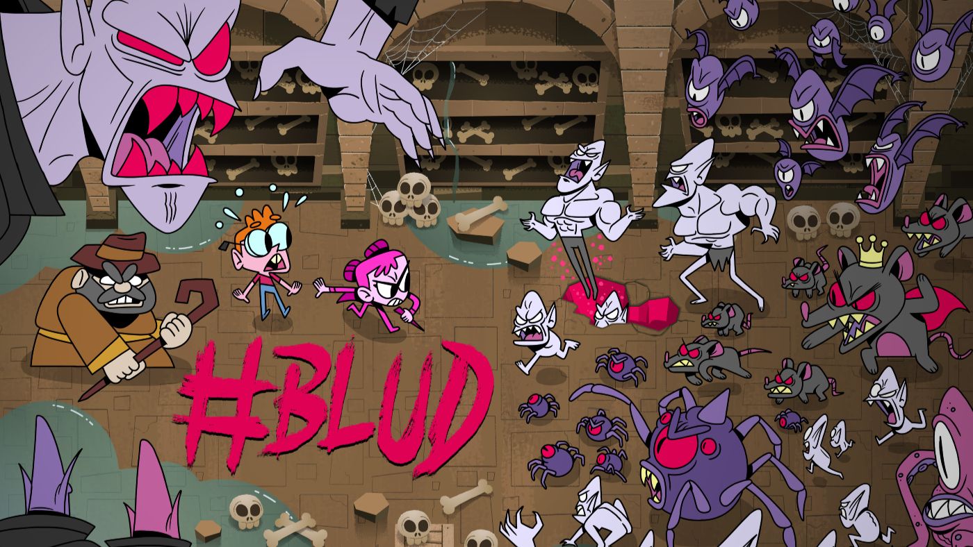 #Blud keyart com personagens humanos estilizados enfrentando vários monstros e insetos