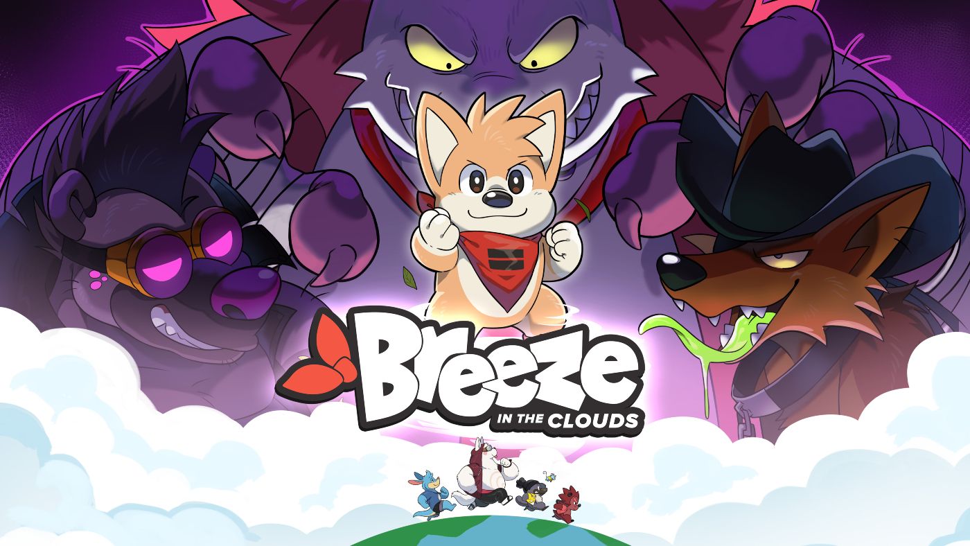 Keyart Breeze in the Clouds com cachorros de desenhos animados e o logotipo do jogo