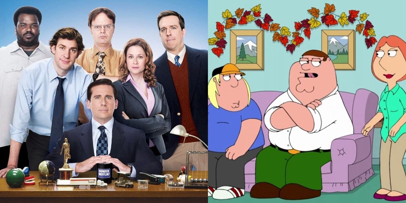 The cast of The Office by Michael's desk; the Griffin family in the living room in Family Guy