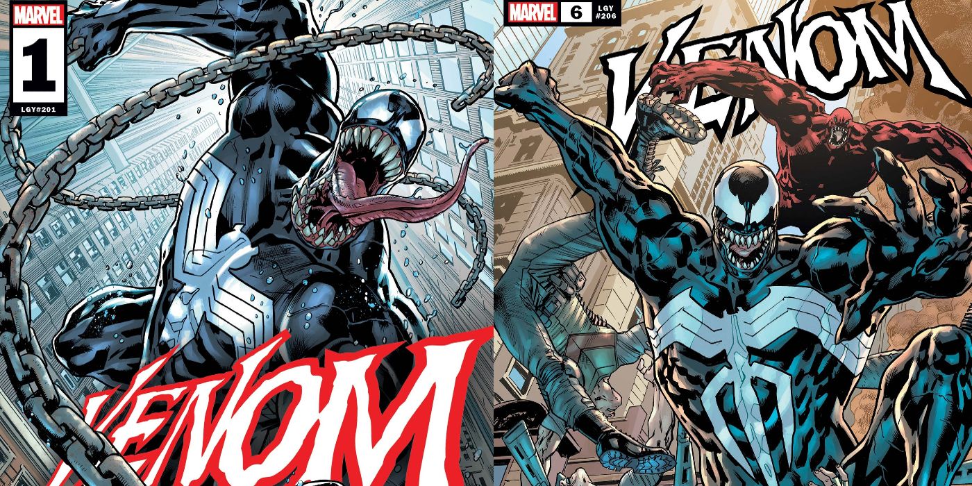 Marvel Venom covers 1 and 6 featuring Venom versions and Bedlam