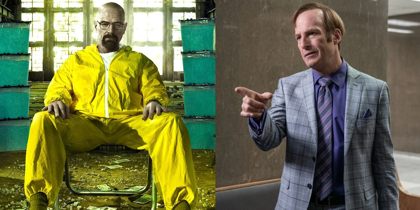Walter White from Breaking Bad sits in a chair next to Jimmy from Better Call Saul