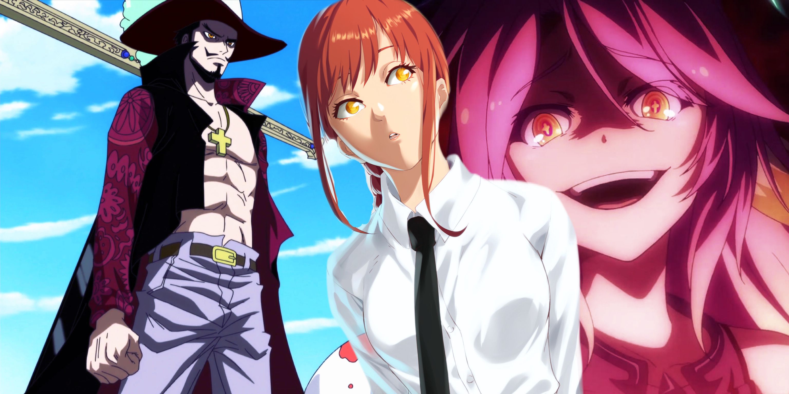 One Piece's Dracule Mihawk, No Game No Life's Jibril, and Chainsaw Man's Makima.