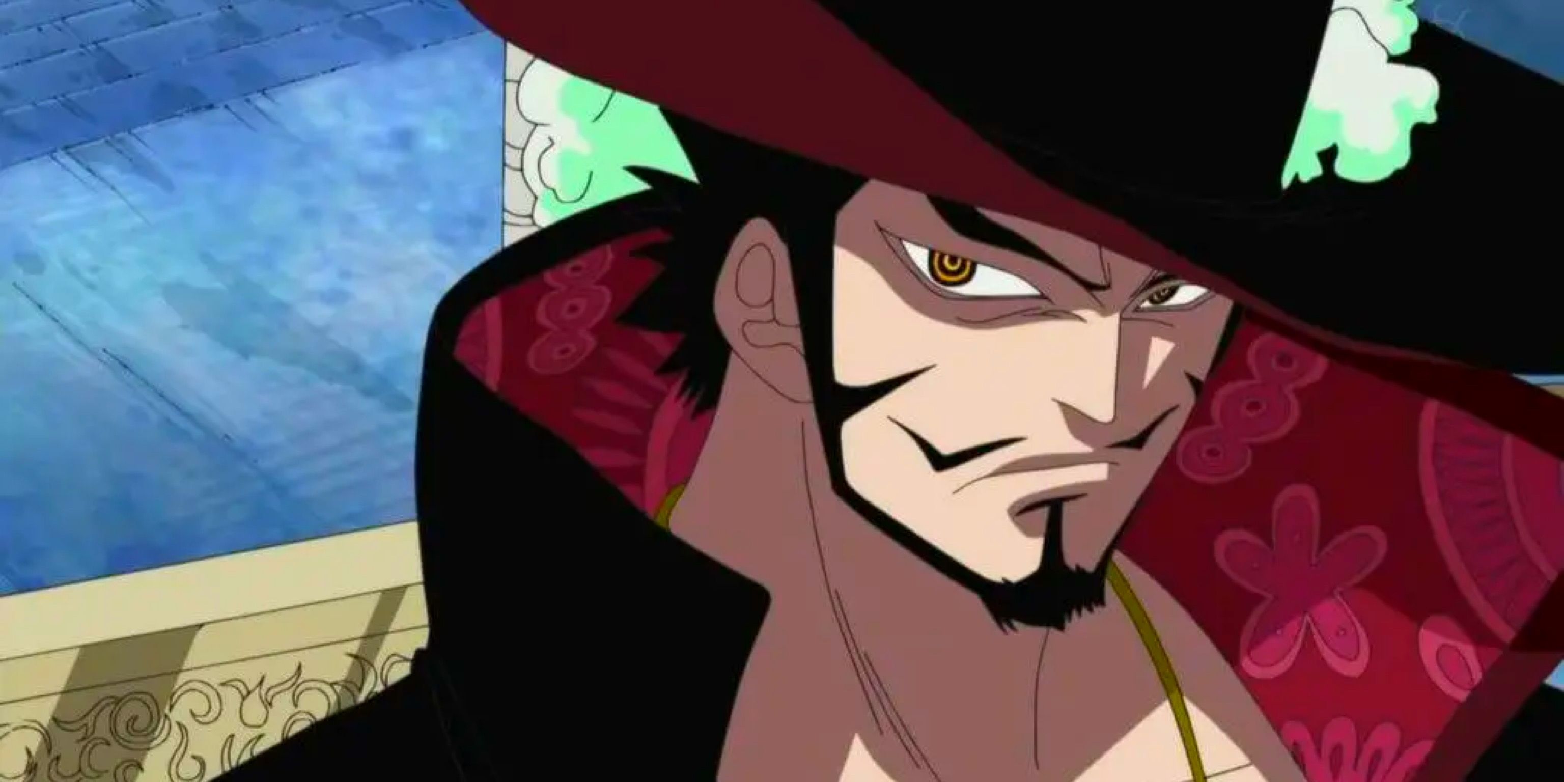 A close-up of Dracule Mihawk with a serious expression in the One Piece anime