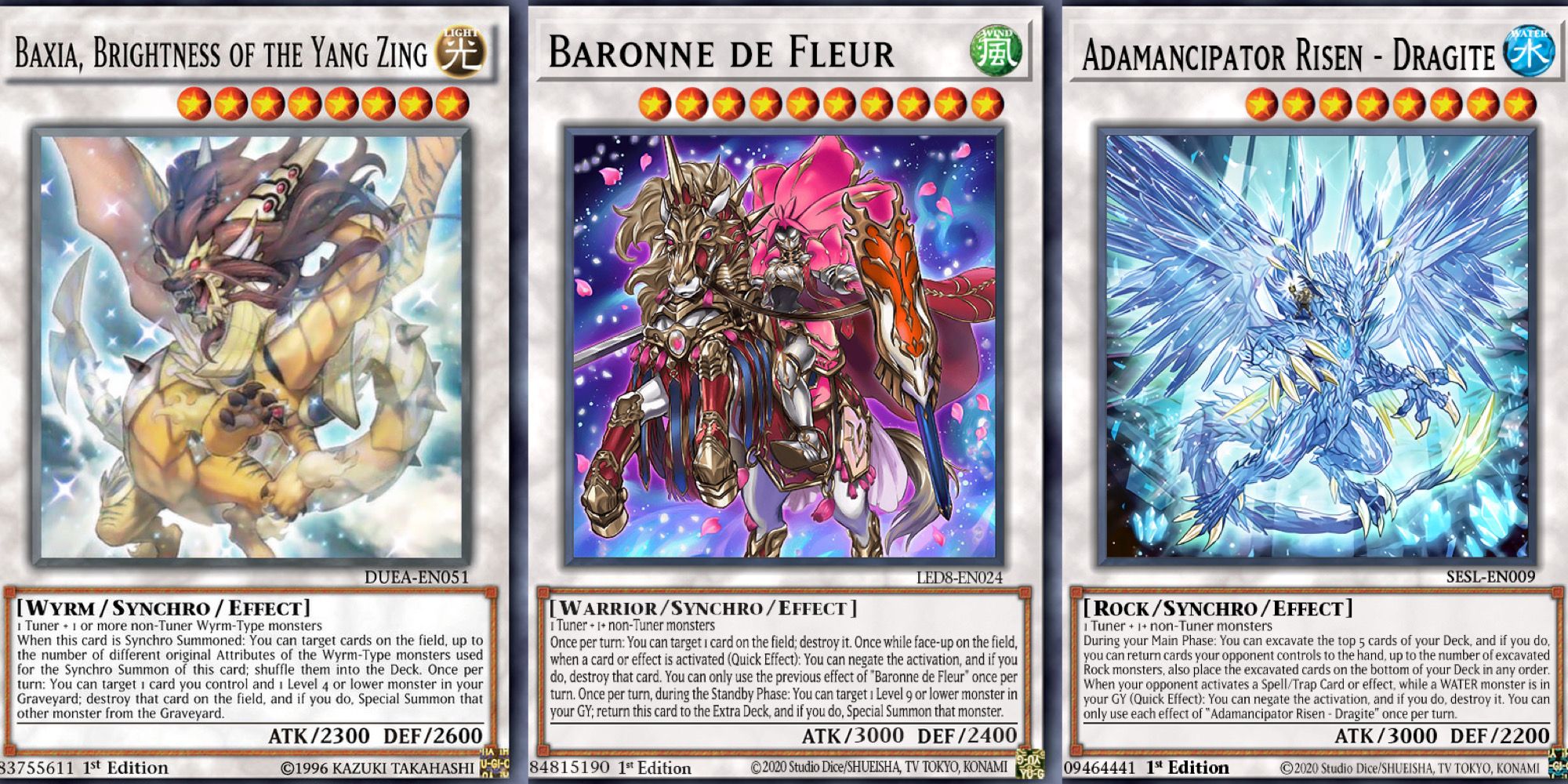 cartas de monstro yugioh synchro baxia brilho de yang zing, baronne de fleur e adamancipator rised dragite