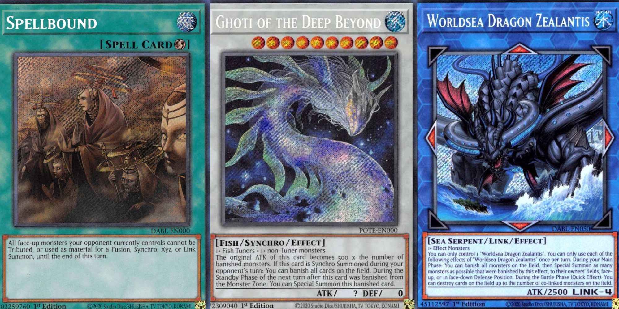 cartas yugioh encantadas, ghoti das profundezas além e dragão do mar do mundo zealantis