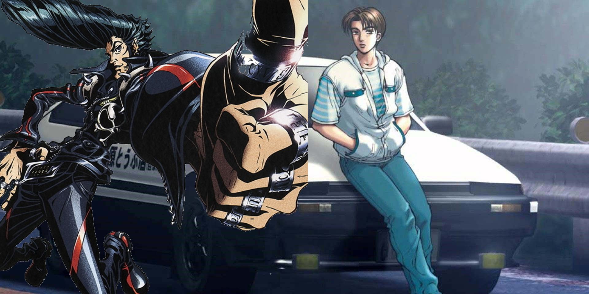 Takumi Fujiwara from Initial D leaning against a car and JP from Redline giving a thumb-up