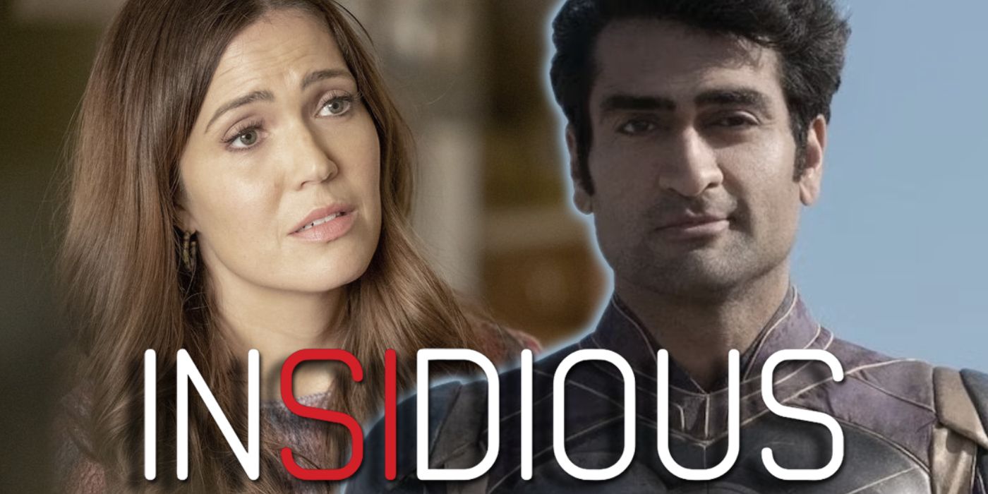 Mandy Moore next to Kumail Nanjiani, with the Insidious logo superimposed on top