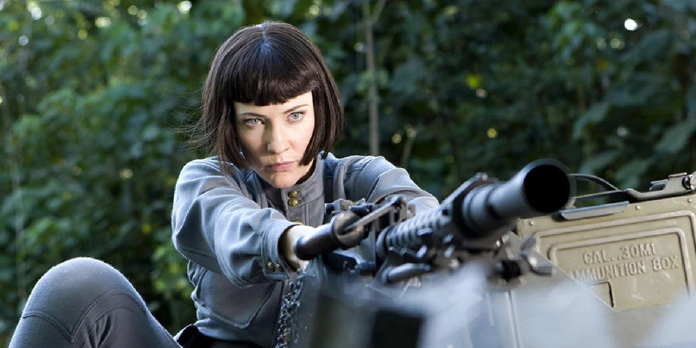Irina Spalko (Cate Blanchett) points a gun in Indiana Jones and the Kingdom of the Crystal Skull