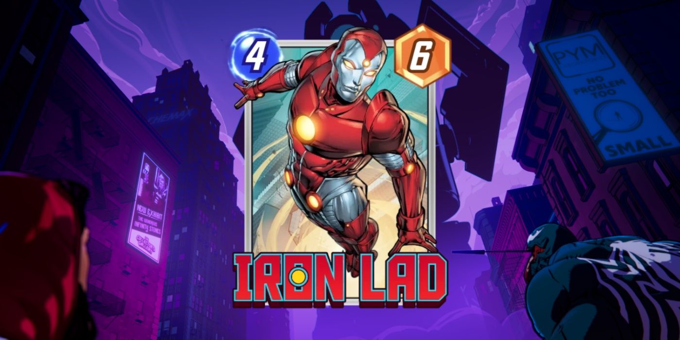 Cartão Marvel Snap do Iron Lad contra arte promocional.