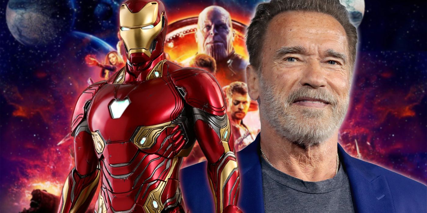 Iron Man and Arnold Schwarzenegger over Avengers Infinity War poster