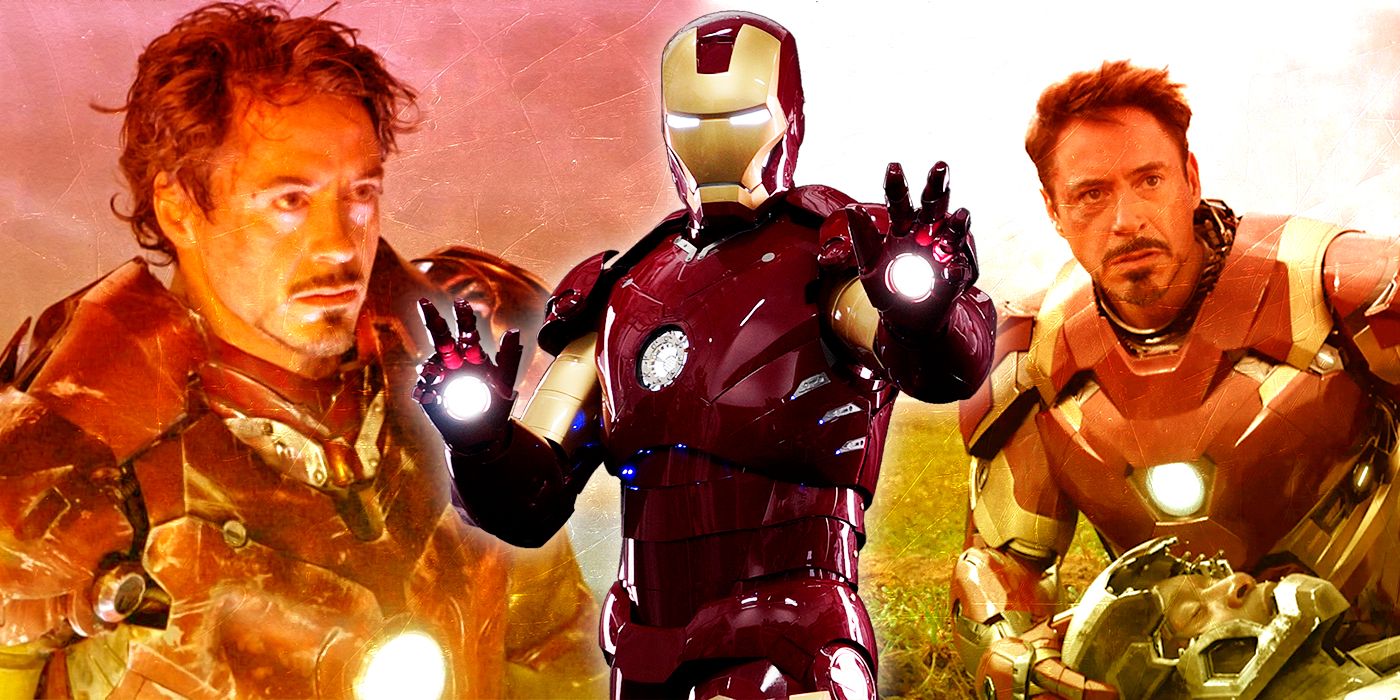 Uma imagem estática de Robert Downey Jr. como Homem de Ferro em diferentes cenários