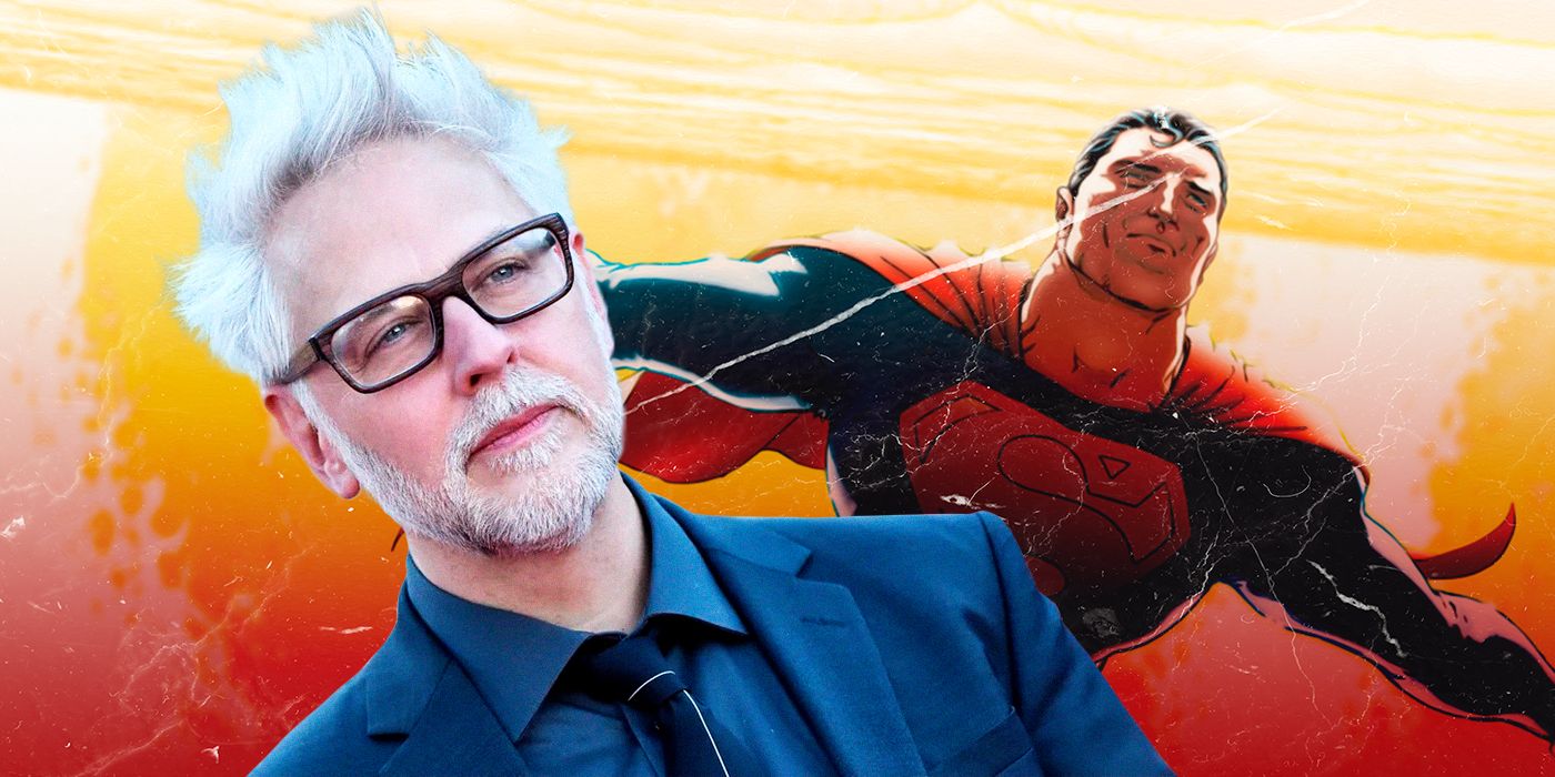 James Gunn in front of animated Superman. 
