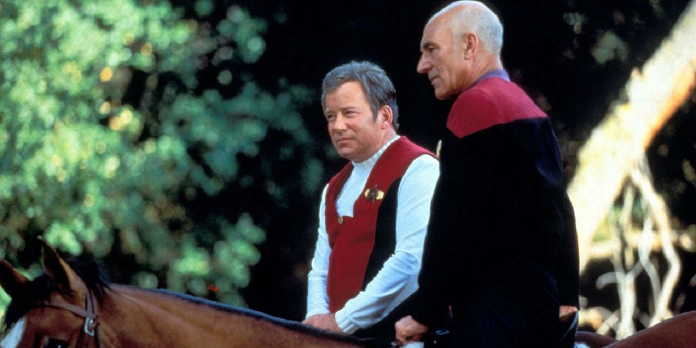 James T Kirk and Jean Luc Picard riding horses in Star Trek Generations