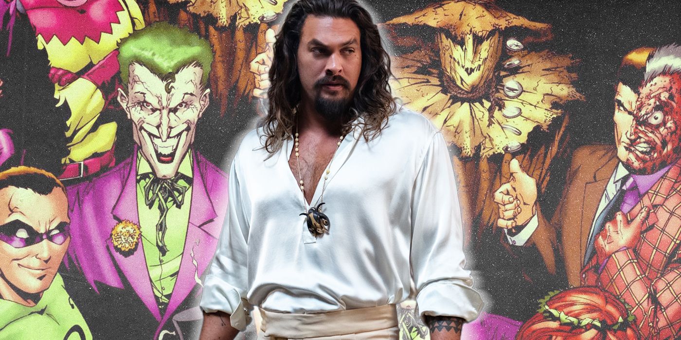 Fast X's Jason Momoa in front of an image of various Batman villains.