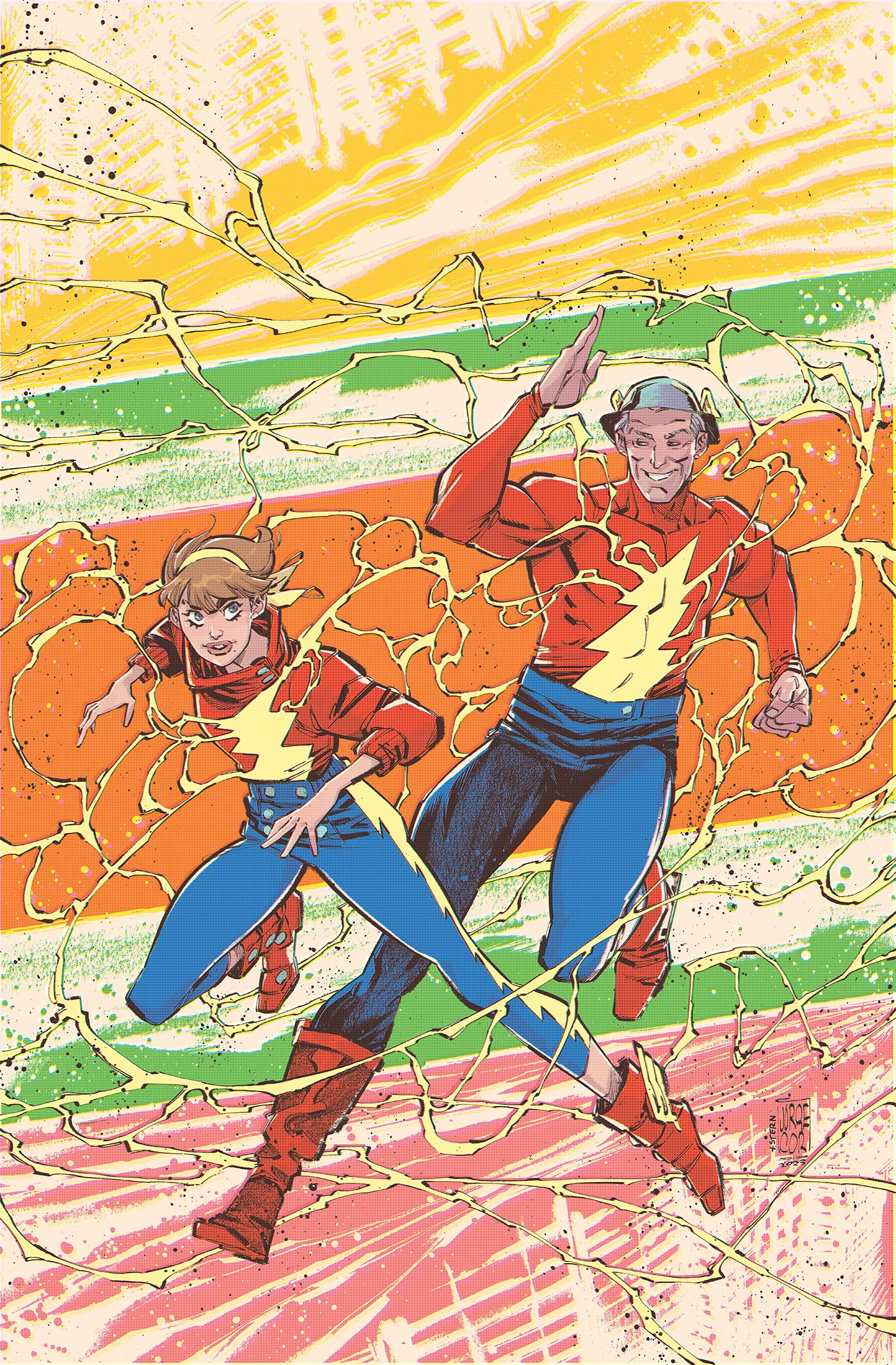 Flash Jay Garrick and his speedster daughter, Judy, race beside each other while surrounded by lightning.