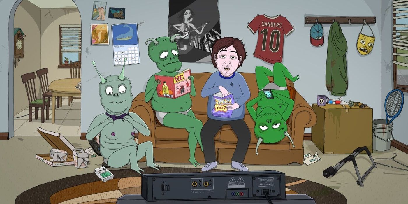 Jeff watching TV with alien friends