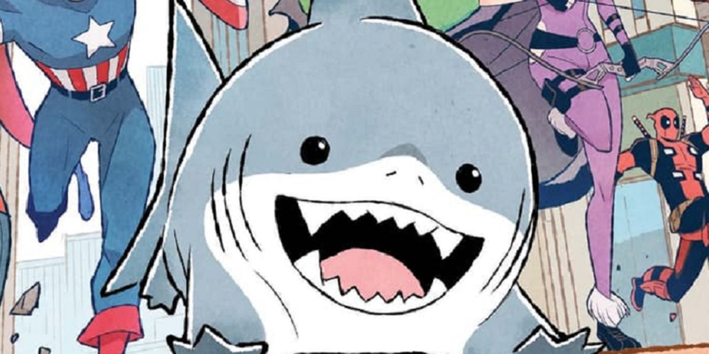 Jeff the Land Shark correndo com os heróis da Marvel.