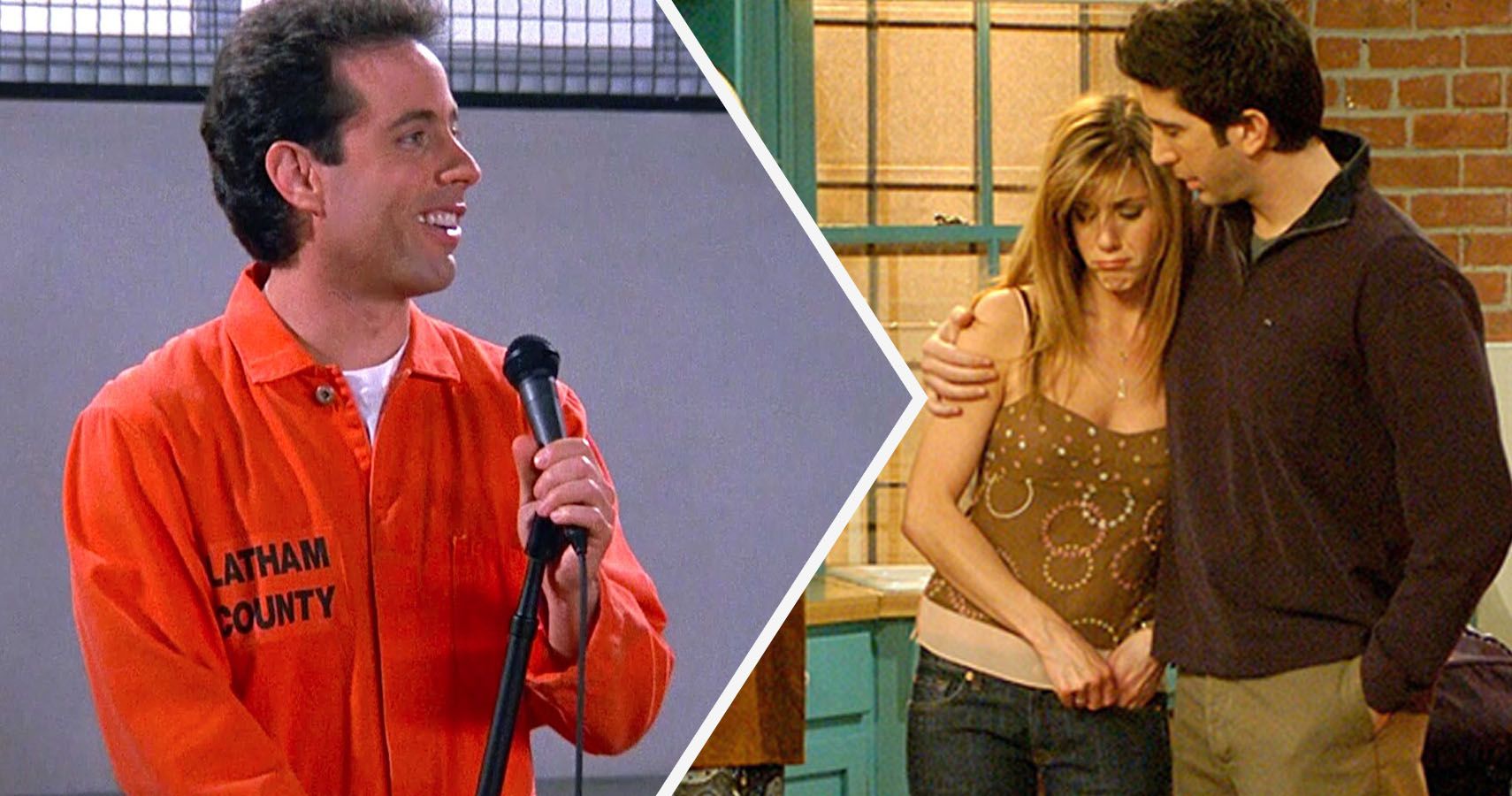 Jerry in prison from Seinfeld, Ross and Rachel hugging on Friends 