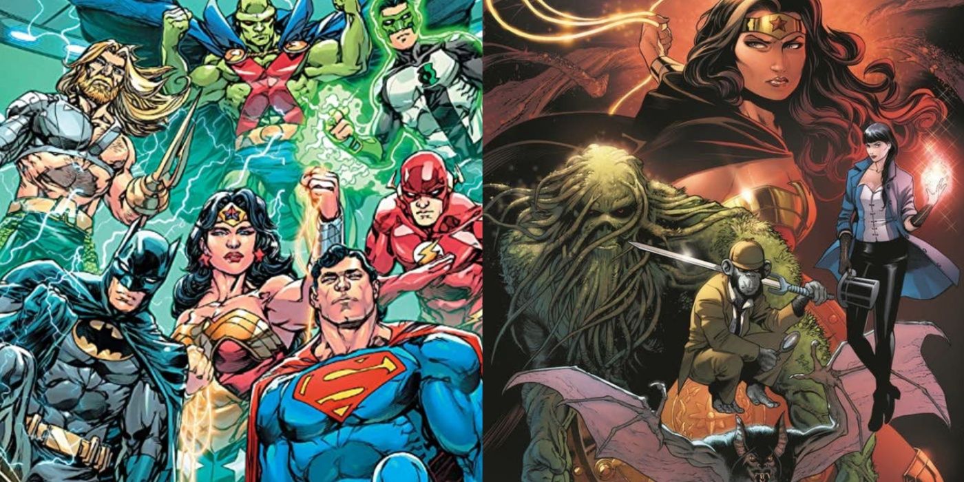 Split image of the main Justice League and Justice League Dark in DC Comics.