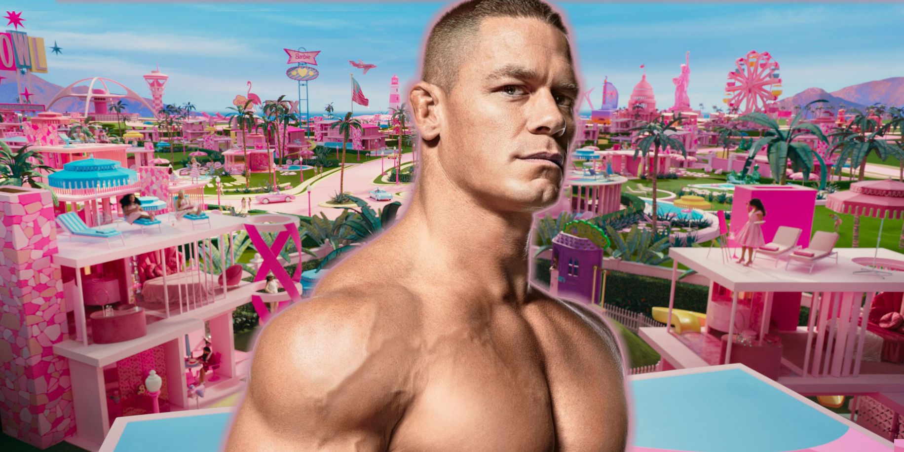 John Cena superimposed on a still from the Barbie movie trailer.