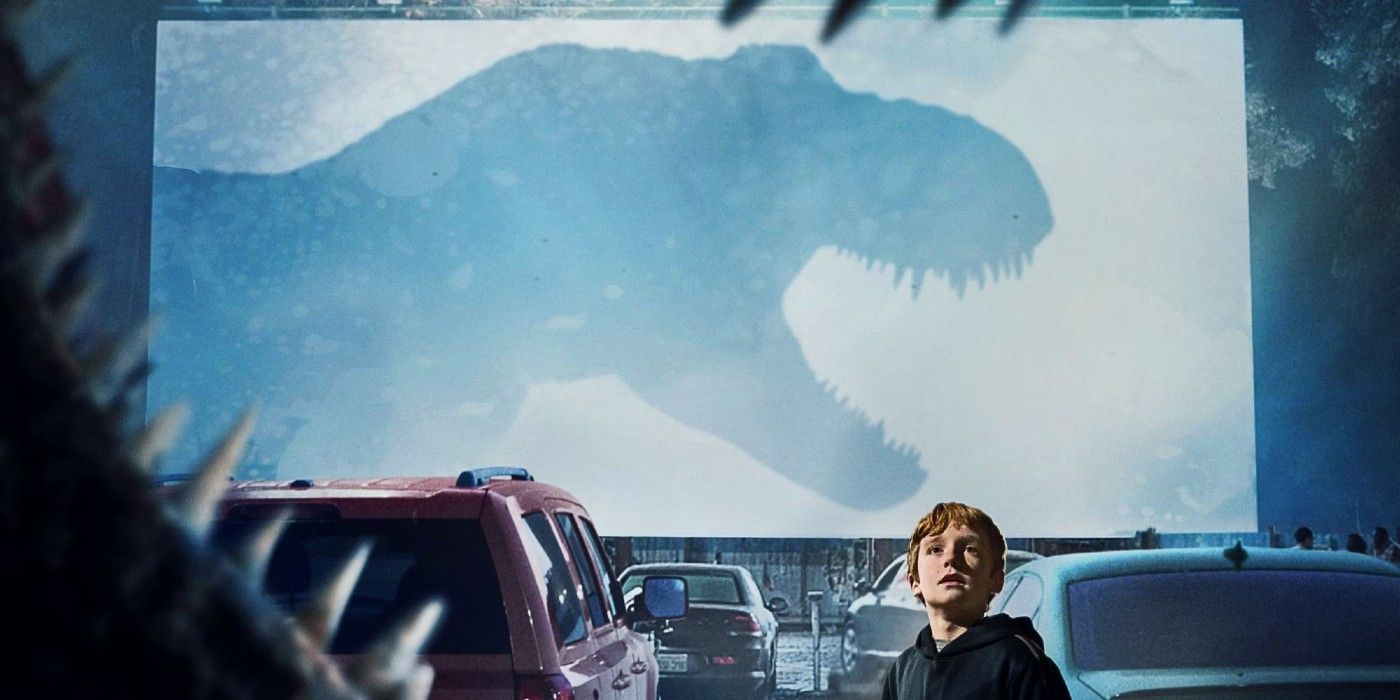 Jurassic World's T-Rex's shadow on a big screen.