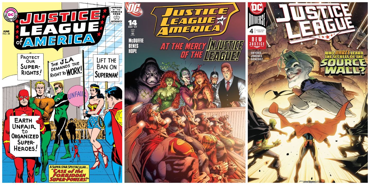Split image of covers to Justice League of America #28, Justice League of America #14, and Justice League #4