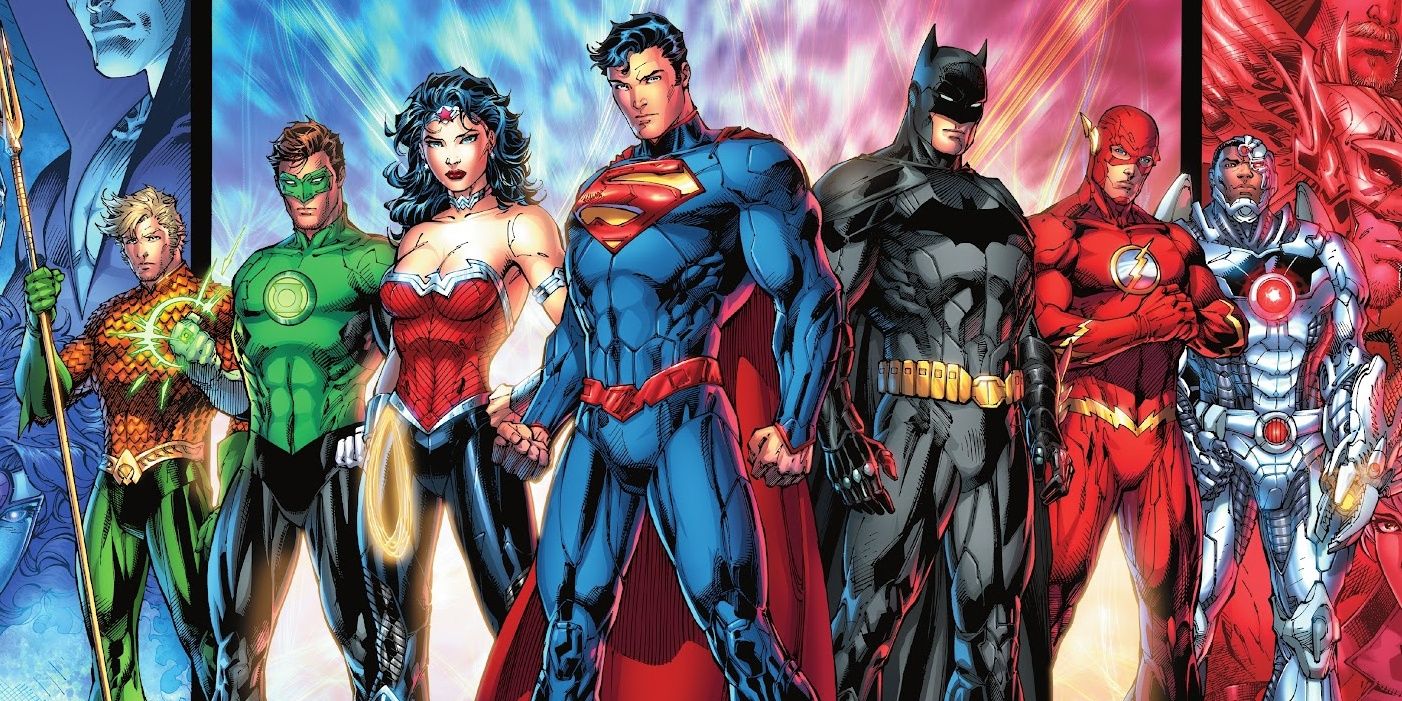 La nueva lista de 52 Liga de la Justicia de DC, que incluye a Aquaman, Green Lantern, Superman, Wonder Woman, Batman, Flash y Cyborg.
