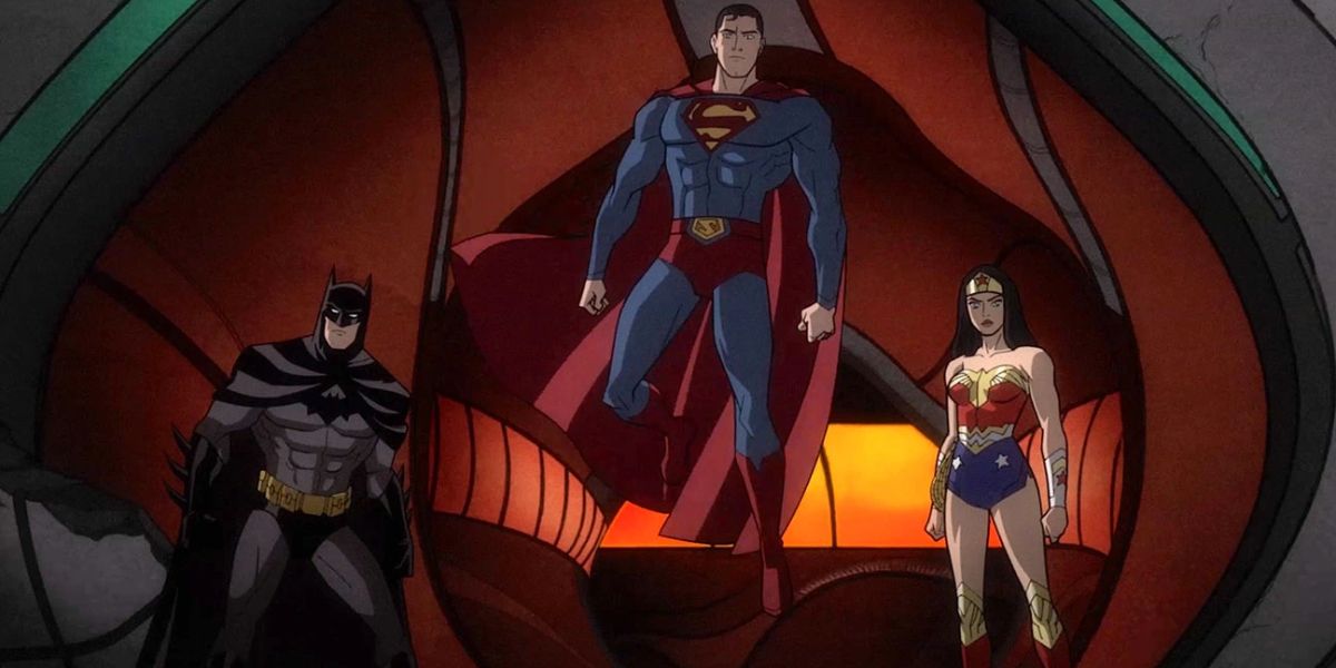 A promotional still from Justice League: Warworld featuring Batman, Superman and Wonder Woman