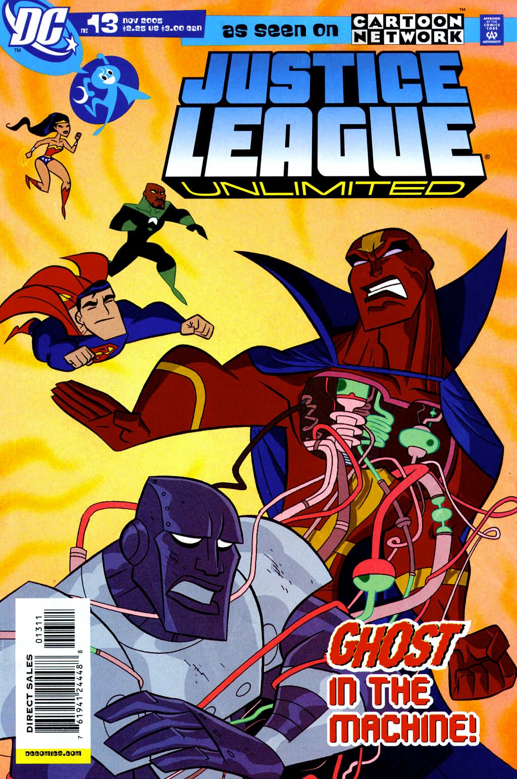 A arte da capa de Justice League Unlimited #13 mostrando Steel & Red Tornado em desacordo. 