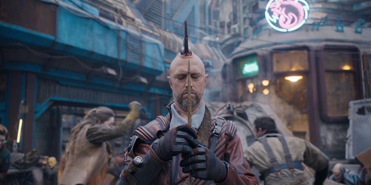 Kraglin with eyes closed holding his arrow in Guardians of the Galaxy 3