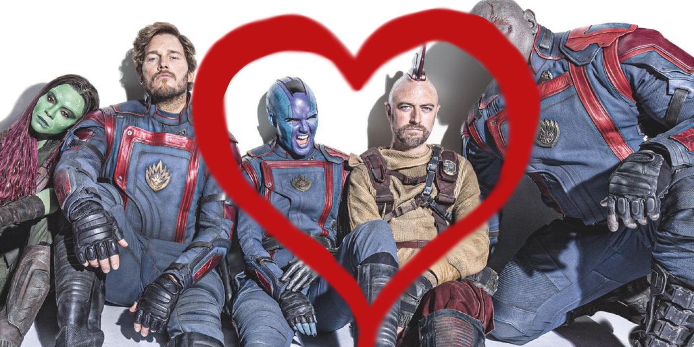 The Guardians of the Galaxy sitting in a row, with a heart drawn around Nebula and Kraglin.