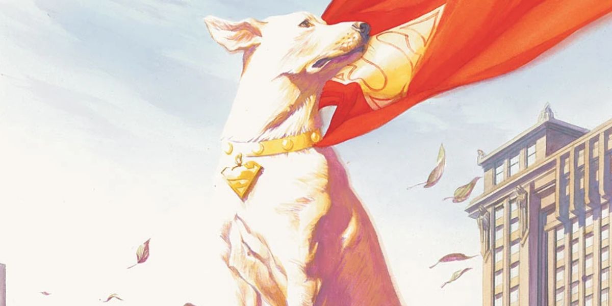 Krypto the Superdog with his cape flying in the air.