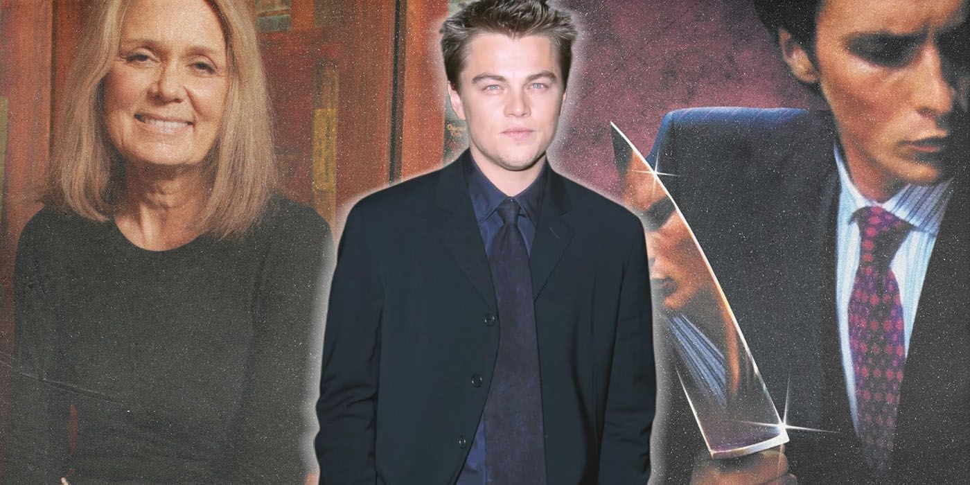 Leo DiCaprio alongside the American Psycho poster and a picture of Gloria Steinem