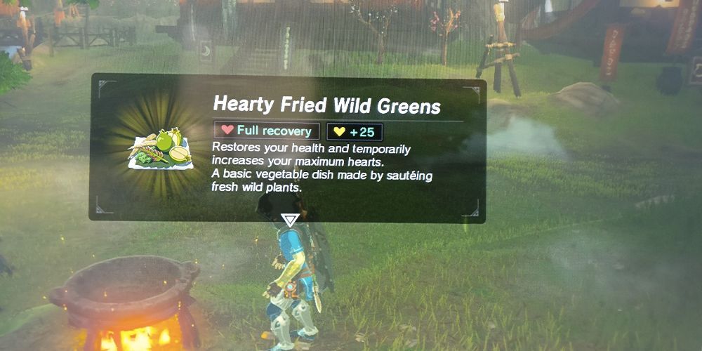 Link Cooking Hearty Fried Wild Greens em Breath of the Wild